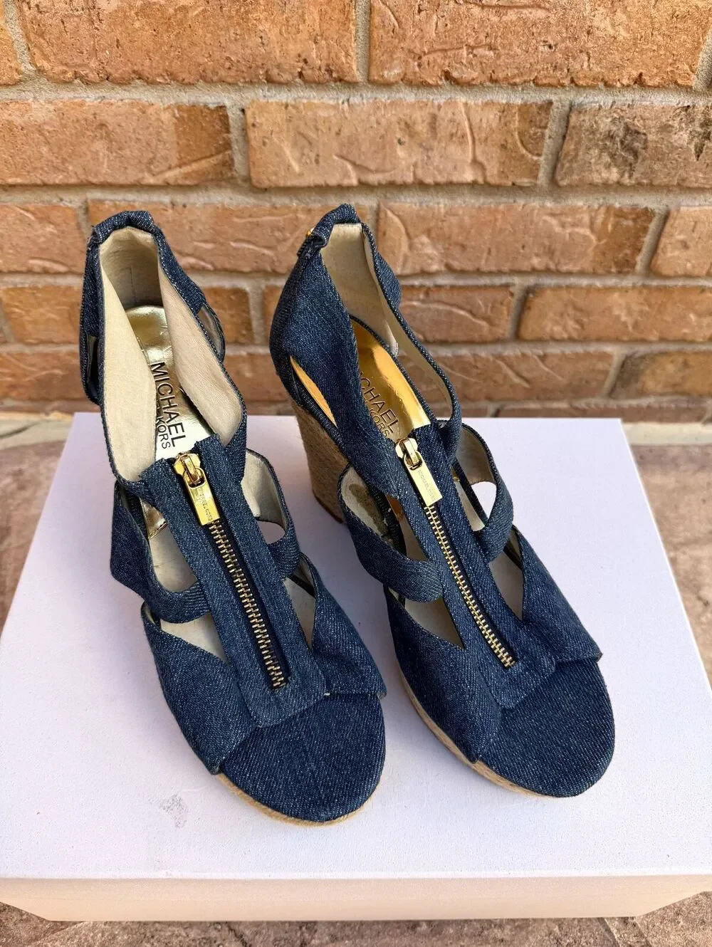 Michael Kors Denim Espadrille Wedge Sandals Gold Zip Front